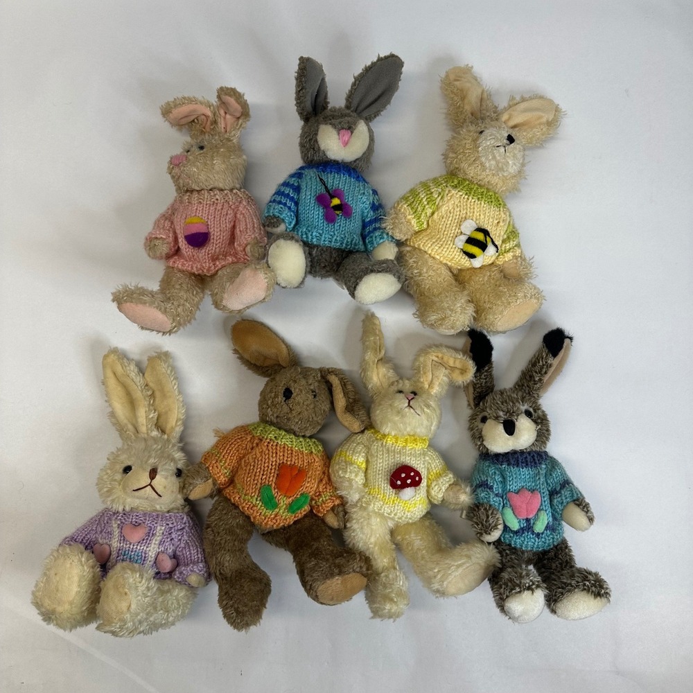 Vintage 1999 Hugfun International Plush Bunny Lot of 7 Knit Sweaters Easter Toy